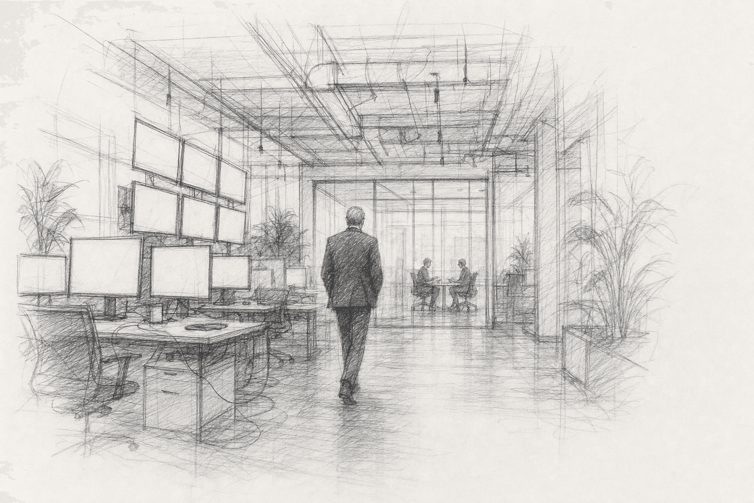 Una oficina de inteligencia digital con un ejecutivo caminando hacia una sala de reuniones