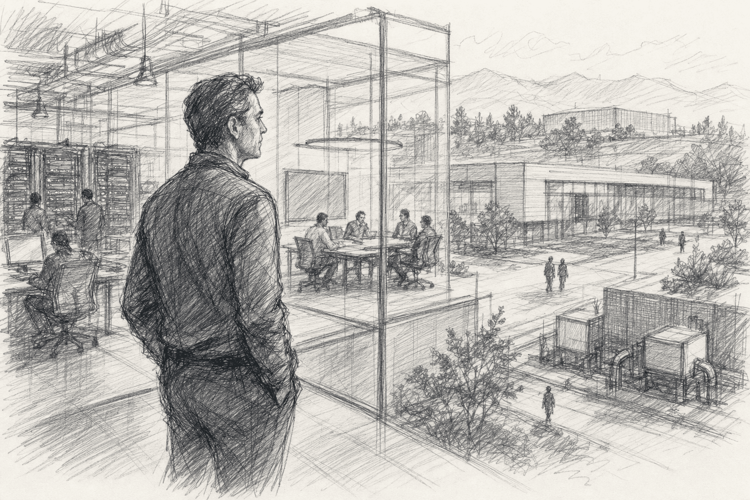 Un ejecutivo observa un campus moderno de tecnología y entretenimiento con infraestructura de datos