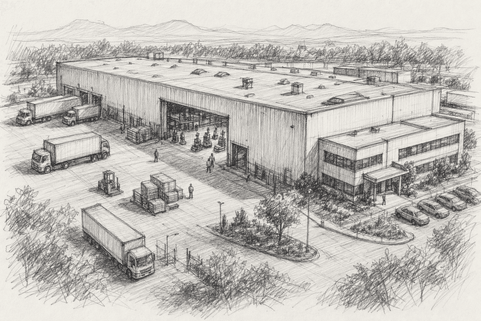 Vista elevada de una fábrica y centro de distribución de productos para el hogar