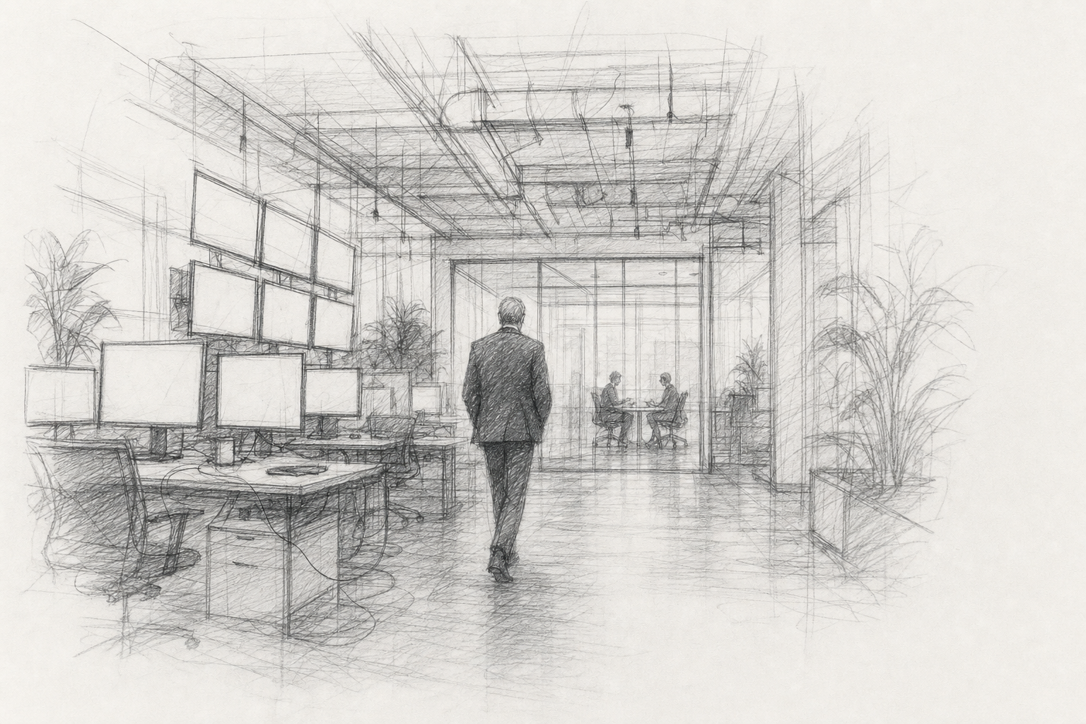 Una oficina de inteligencia digital con un ejecutivo caminando hacia una sala de reuniones