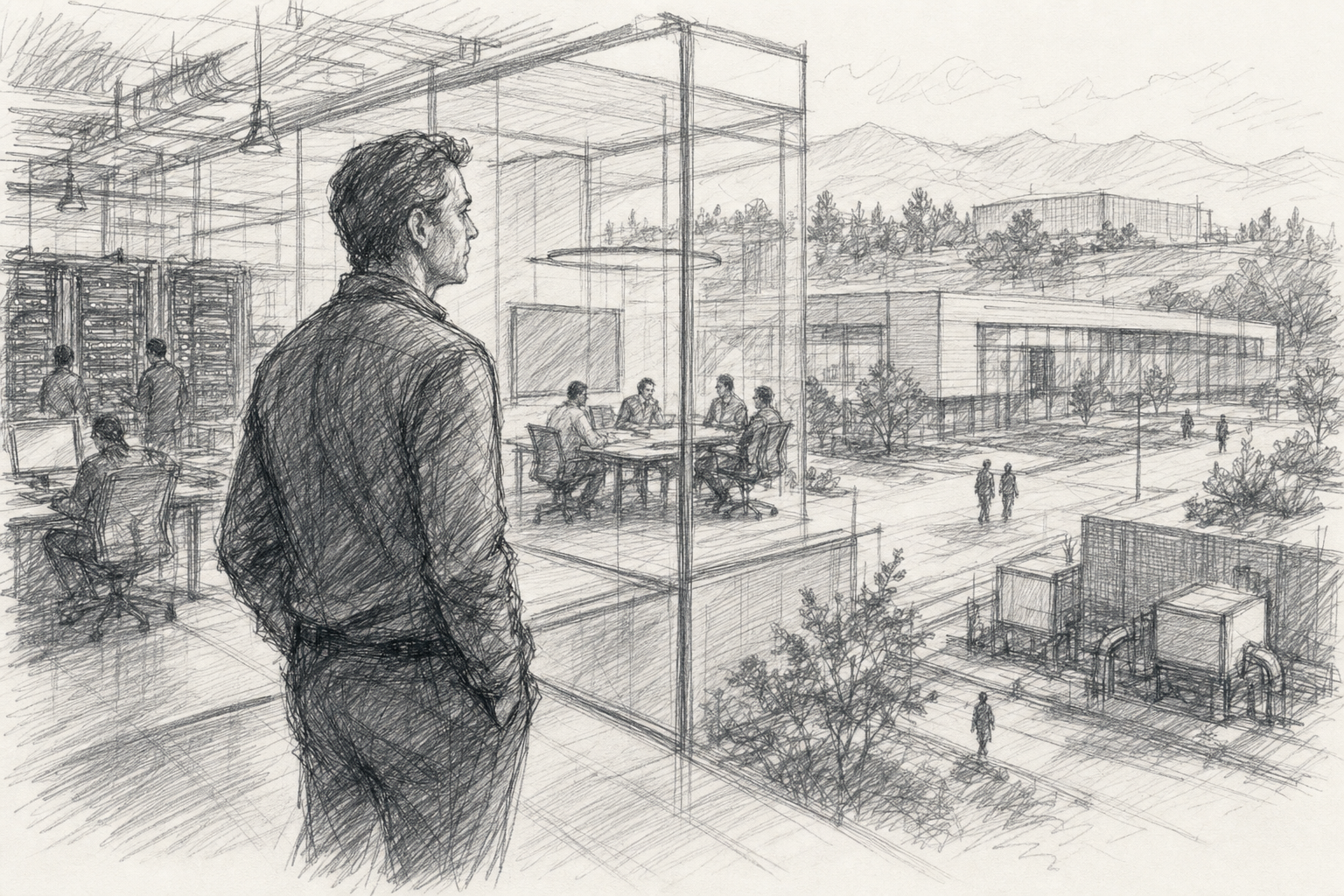 Un ejecutivo observa un campus moderno de tecnología y entretenimiento con infraestructura de datos