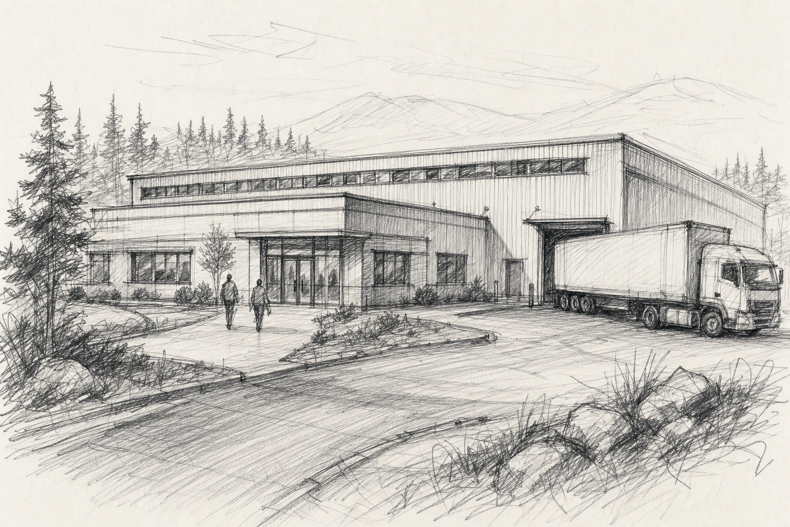 Boceto a lápiz de una moderna planta industrial de climatización, con nave de chapa corrugada, oficinas anexas, muelle de carga con un tráiler y bosque nórdico al fondo.