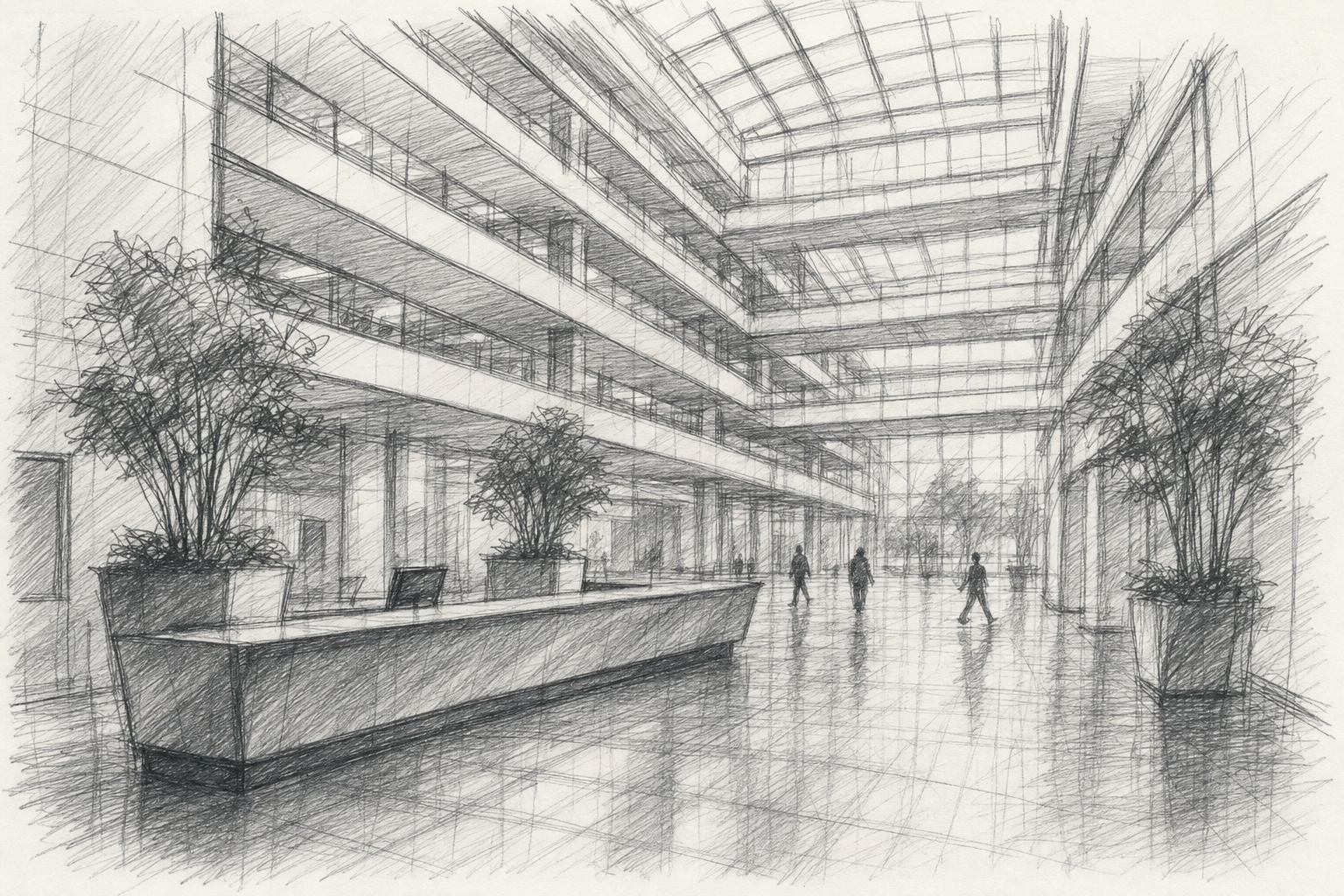 Boceto a lápiz de un gran atrio corporativo en Madrid con varias plantas abiertas, techo de cristal, suelo de piedra pulida, mostrador de recepción y figuras cruzando el espacio.