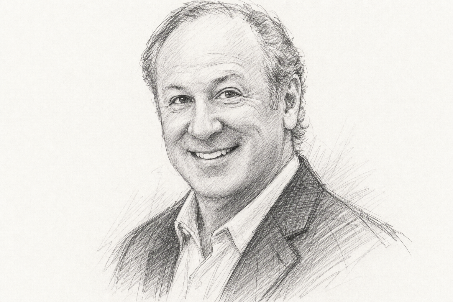 Retrato a lápiz de un empresario estadounidense de unos 50 años, cabello corto entrecano y sonrisa cálida, con americana oscura sobre camisa sin corbata — una versión estilizada del rostro de Max Chibib.