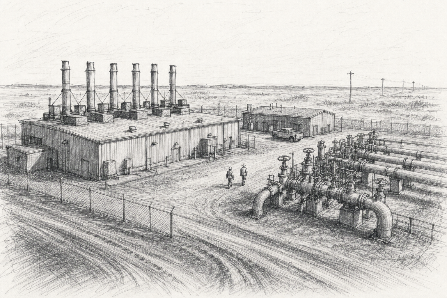 Boceto a lápiz de una estación compresora de gas natural en la pradera, con chimeneas a lo largo del techo, un banco de válvulas y dos operadores con casco caminando entre ambos.