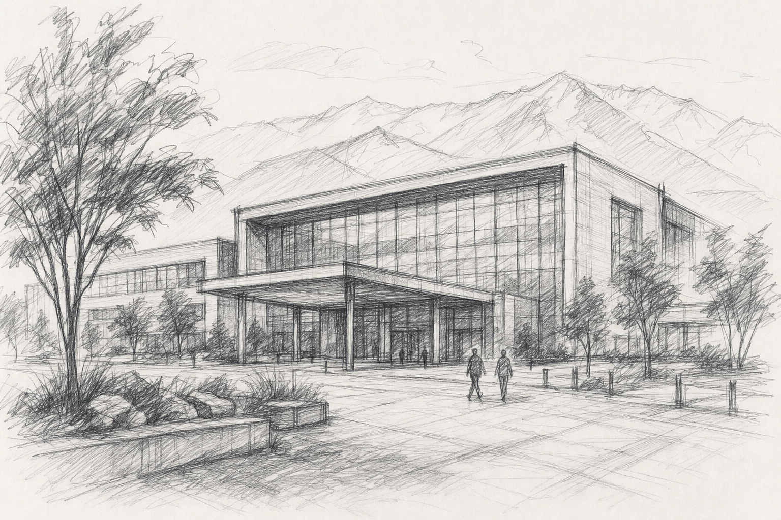 Boceto a lápiz de un moderno campus de tecnología sanitaria en Salt Lake City, con edificio de fachada acristalada, entrada cubierta y las montañas Wasatch al fondo.