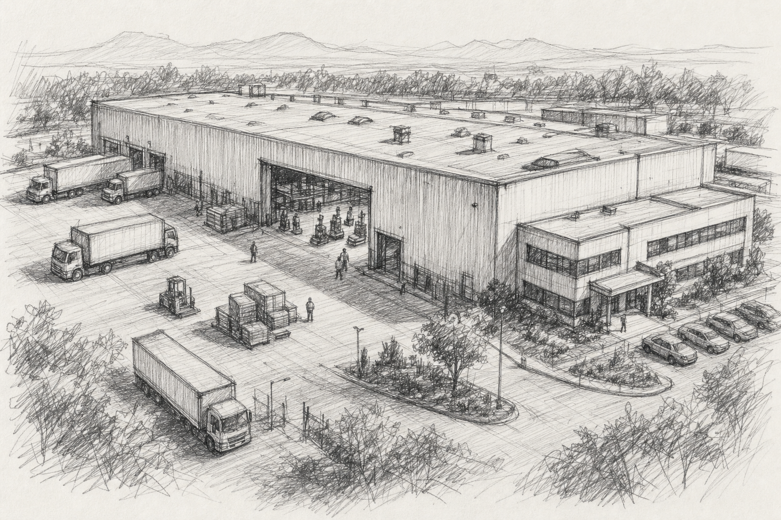 Vista elevada de una fábrica y centro de distribución de productos para el hogar