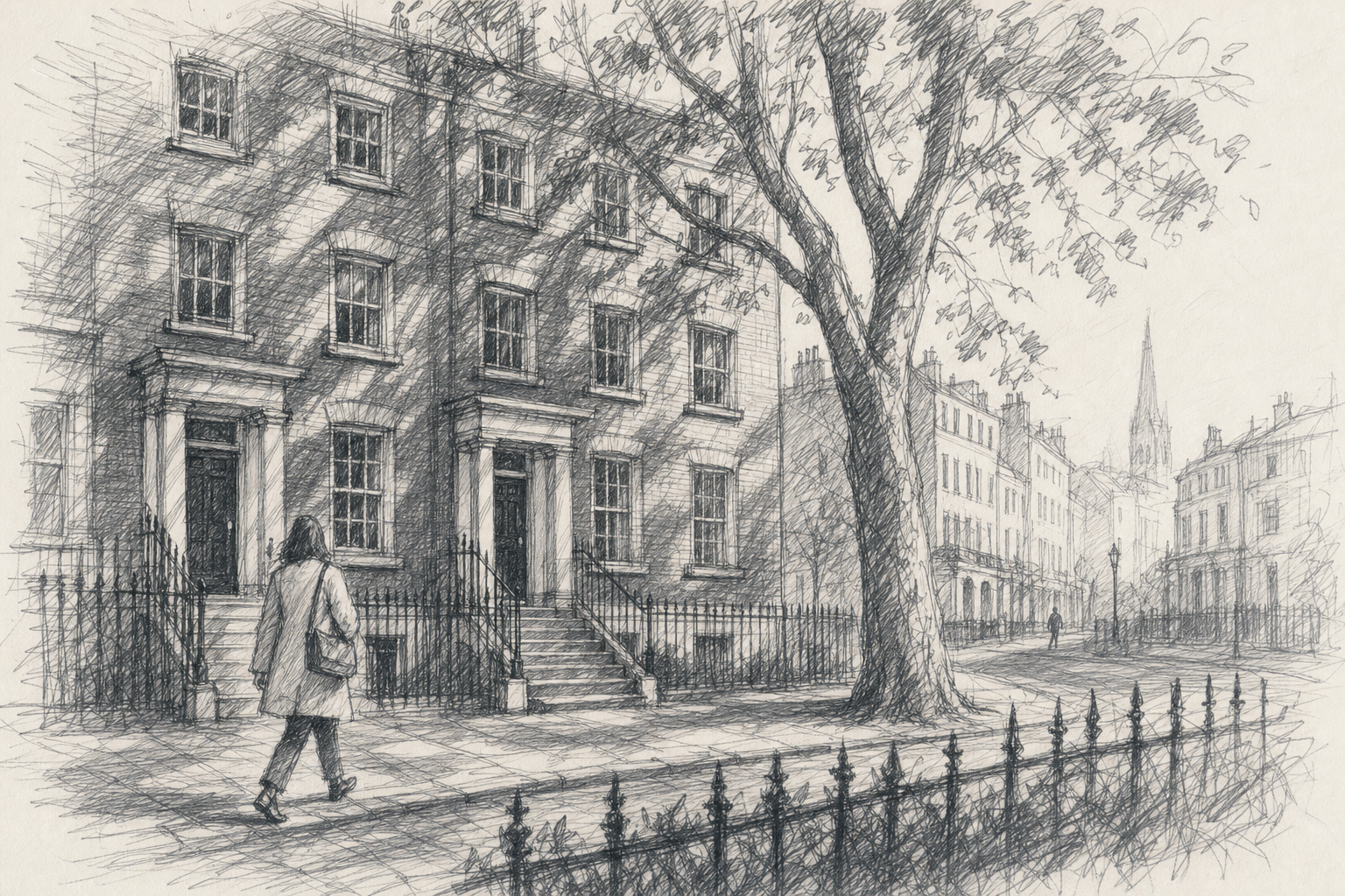 Boceto a lápiz de dos casas georgianas en una calle de Bloomsbury en el centro de Londres, con un plátano de sombra en primer plano y un peatón pasando frente a las puertas pintadas de negro.