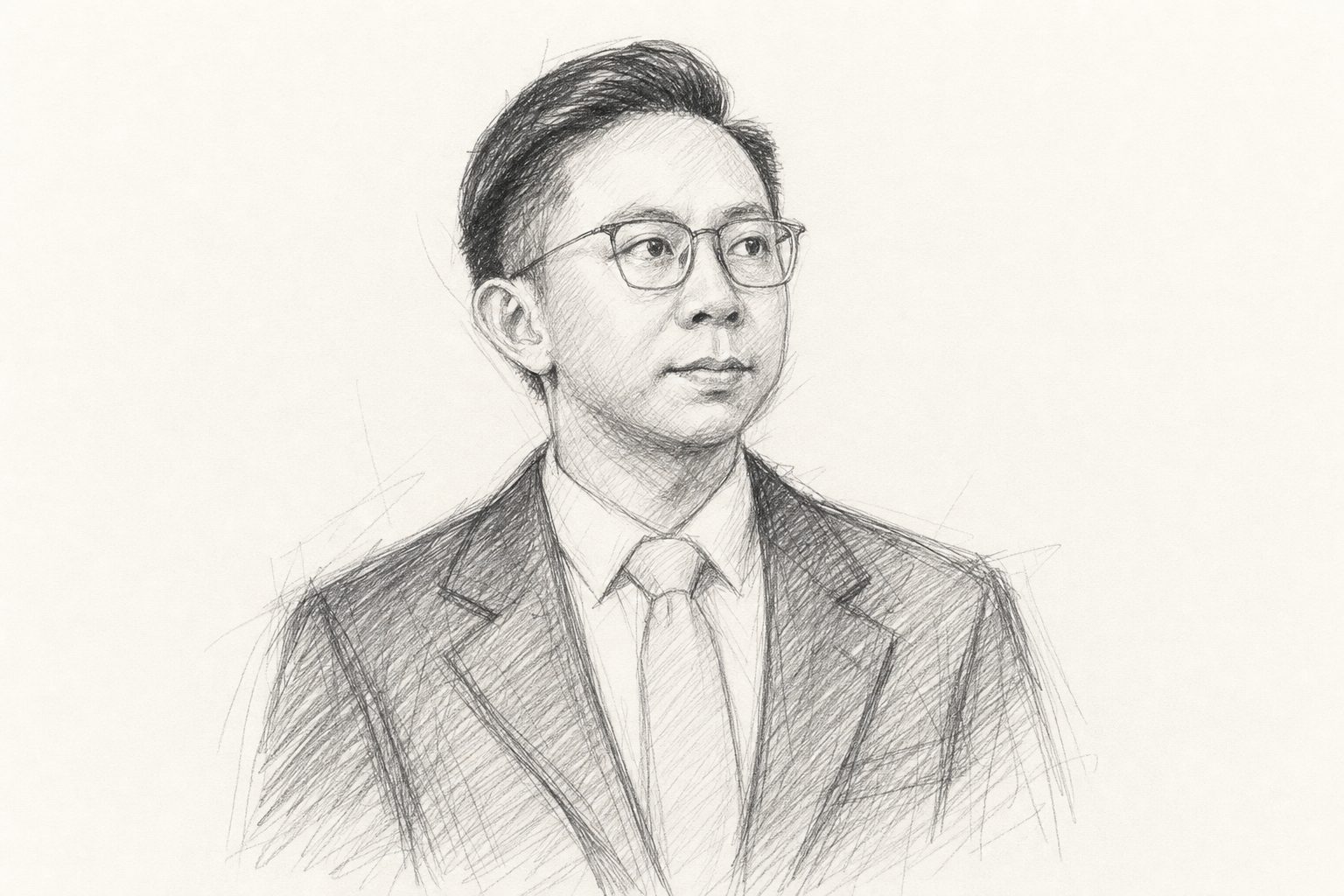 Retrato a lápiz de un joven empresario vietnamita de unos 30 años, cabello corto hacia atrás y gafas rectangulares de montura fina, con traje oscuro — una versión estilizada del rostro de Quan Anh.