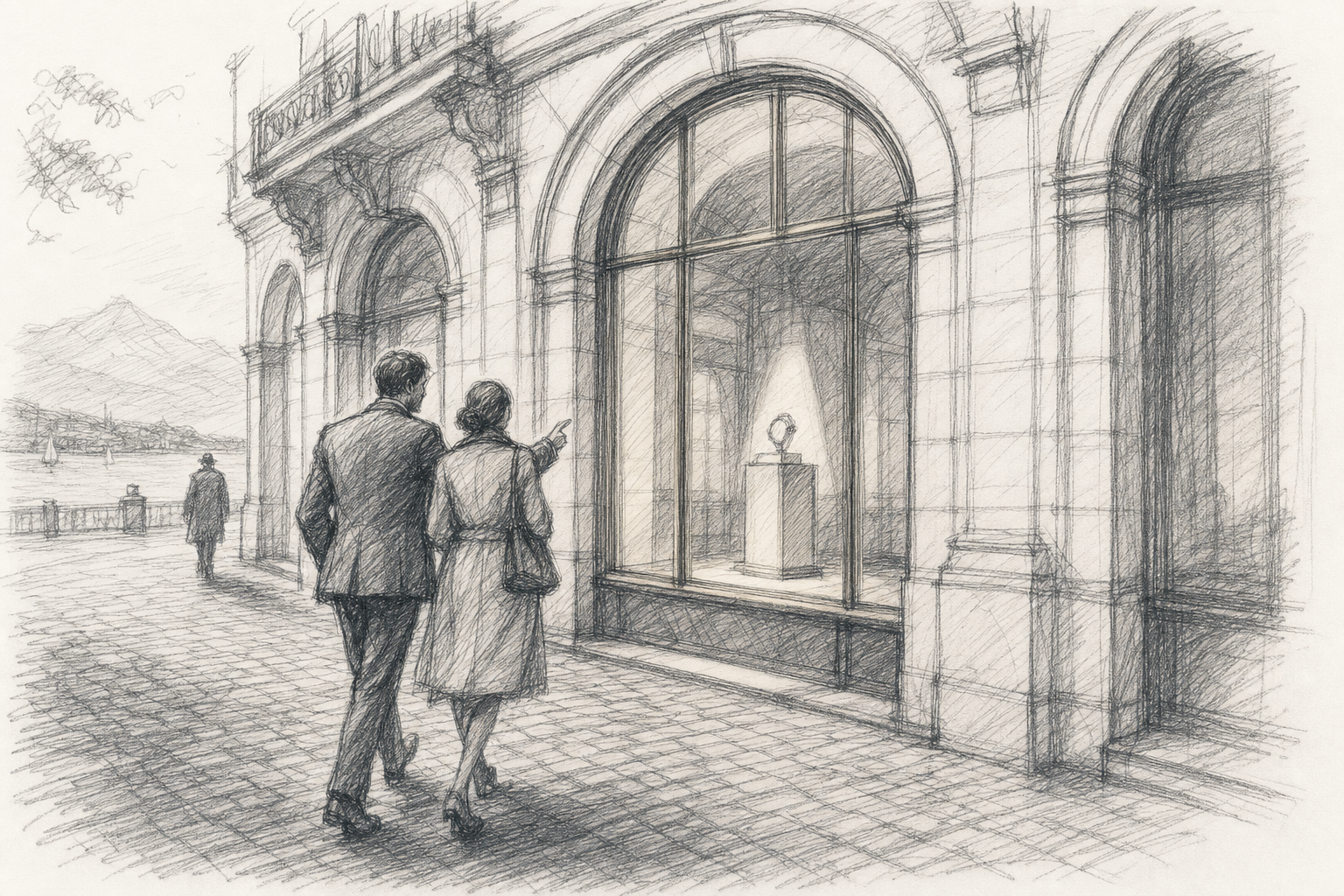 Boceto a lápiz de un escaparate suizo de lujo en una arcada de piedra, con una pareja bien vestida mirando una vitrina abstracta bajo un alto arco y un atisbo del Lago de Ginebra al fondo.