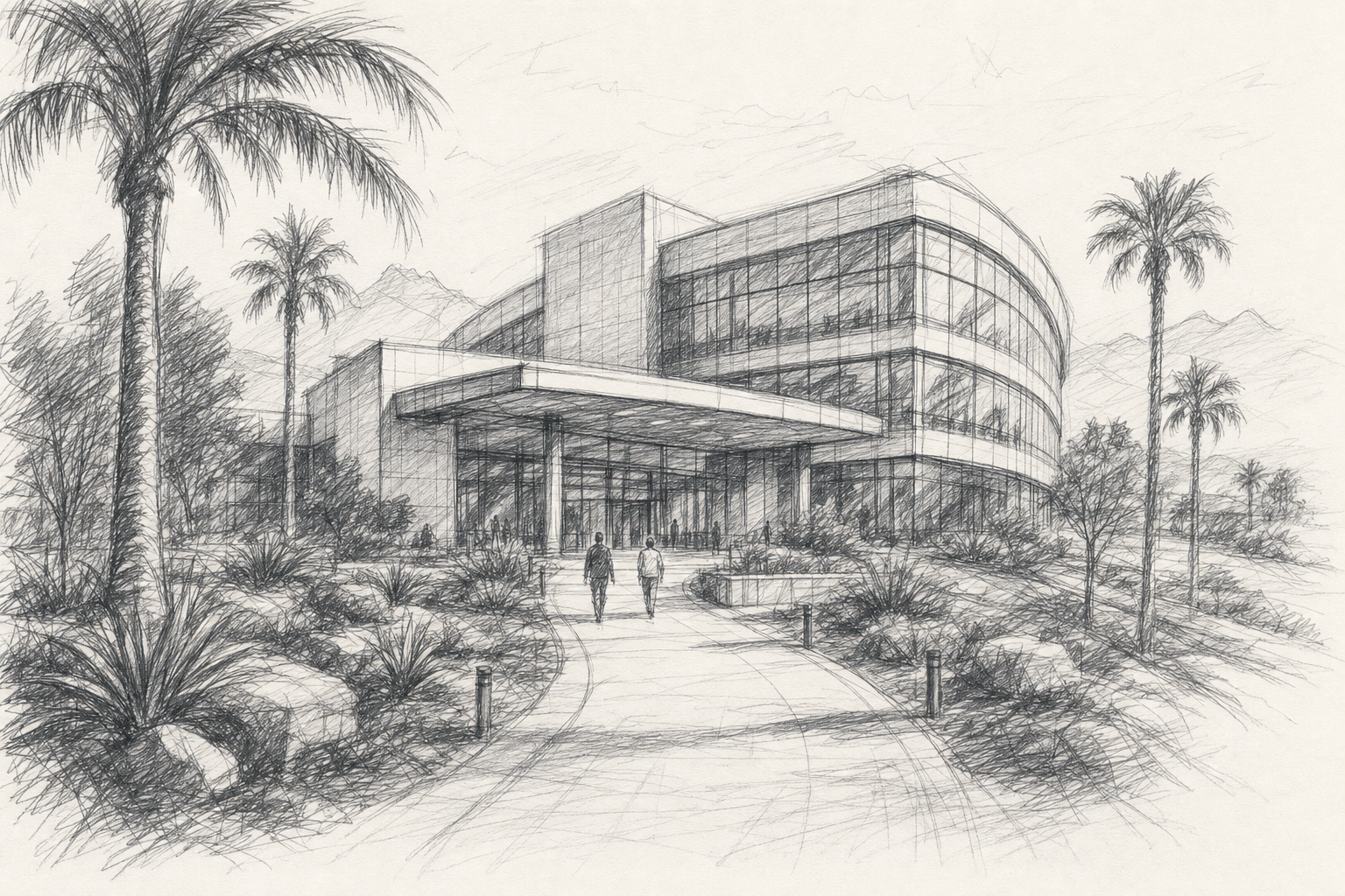 Boceto a lápiz de un moderno campus corporativo de tecnología médica en el sur de California, con edificio curvo de cristal, sendero flanqueado por palmeras y montañas al fondo.